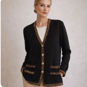St. John Collection Black Knit Cardigan Jacket Size 8 Tweed Trim 36281